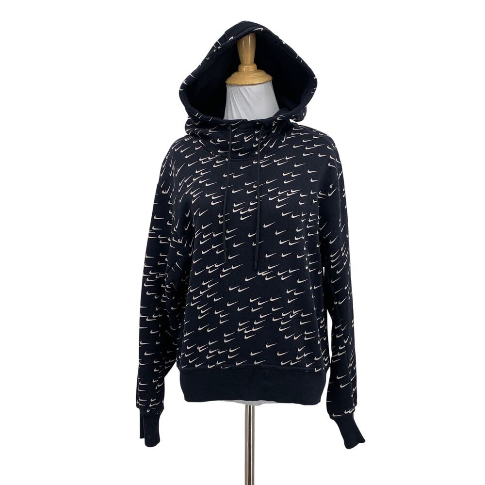 Nike Hoodie Womens M Medium Black White Sportswear All Over Swoosh Fleece Lined